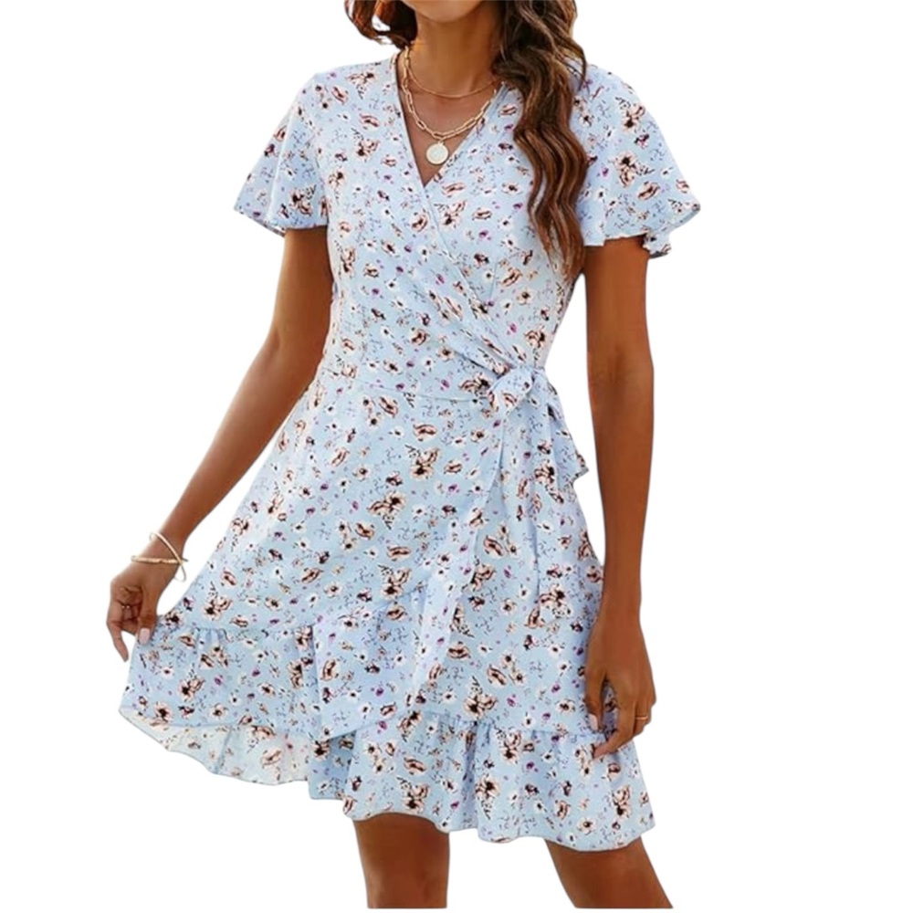 Blue with Small Flower Print Ruffled Wrap Dress with Flutter Sleeves nwot